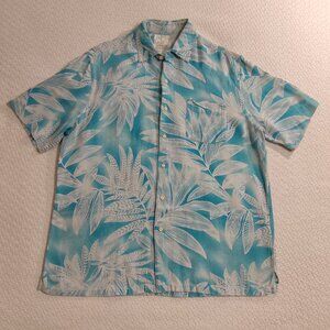 Tasso Elba Island Shirt Men's Size M Blue White Hawaiian Silk Linen Shirt